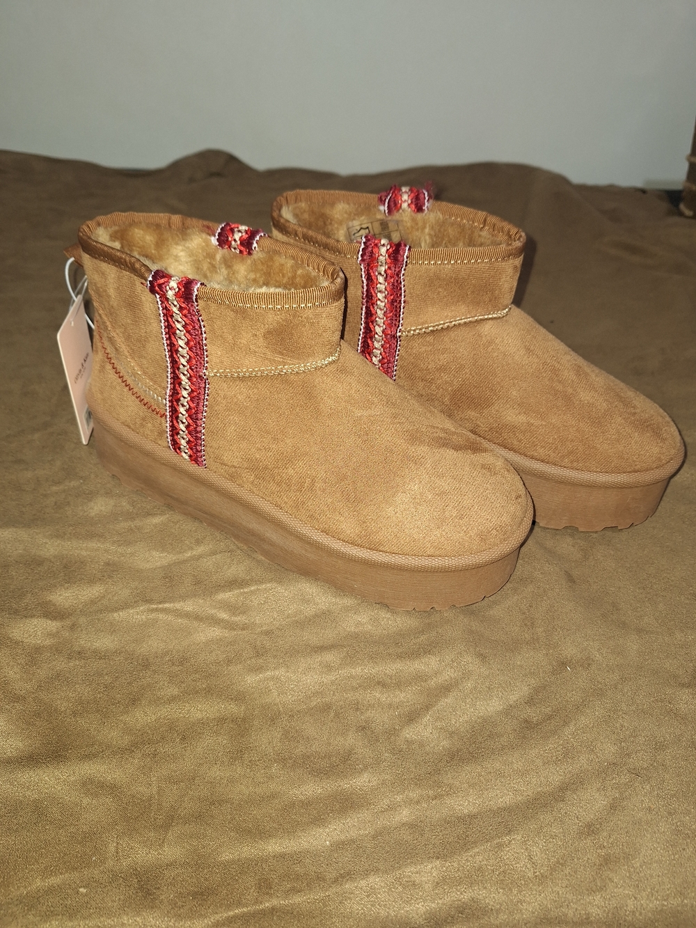 Women's Tan Suede Ankle Booties with Red Accent